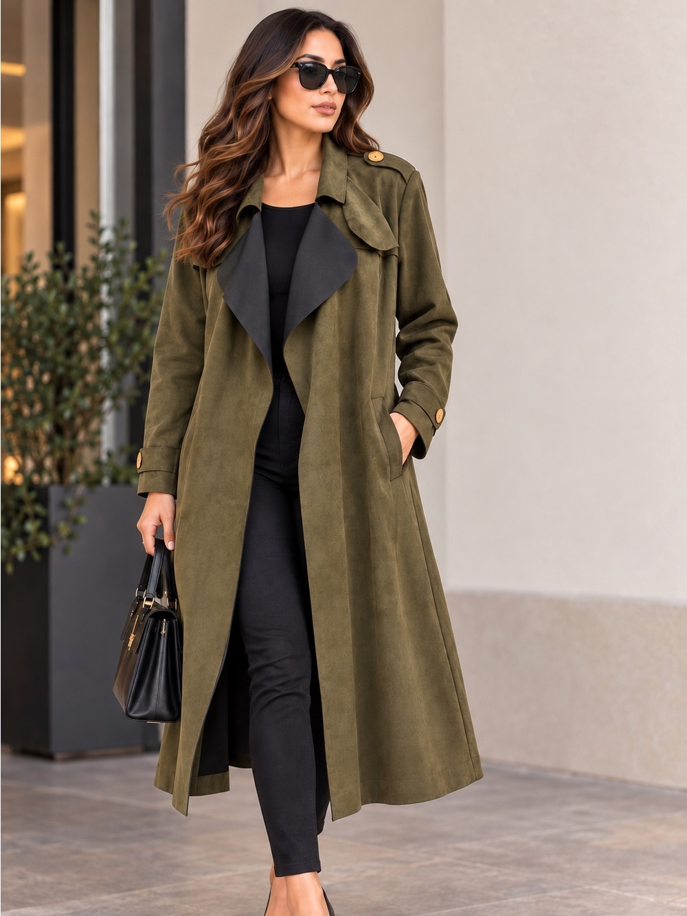 Elsa Bella Olive Green Long Trench Coat – Size 42